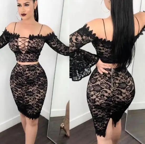 

Celebrity Sexy Black Strap Bandage Dress Top Quality Flare Sleeve Low Bosom Nightclub Fashion Lace Lace-up Bodycon Suits Dresses