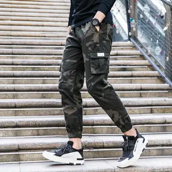 

Casual Cargo Pants Men Multi-Pocket Ankle Tie Pants Man Elastic Waist Straight Cargo Pants Trousers Male Hip hop Cargo Pants