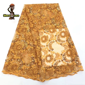 

Orange African Lace Fabric 2019 High Quality Sequins with Embroidery Nigerian Lace Fabric For Women French Mesh Lace Fabric