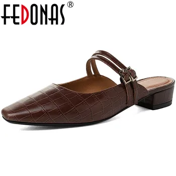 

FEDONAS Famale Slingbacks Genuine Leather Women Mules Square Toe Thick Heels Pumps 2020 Brand Design Concise Office Shoes Woman