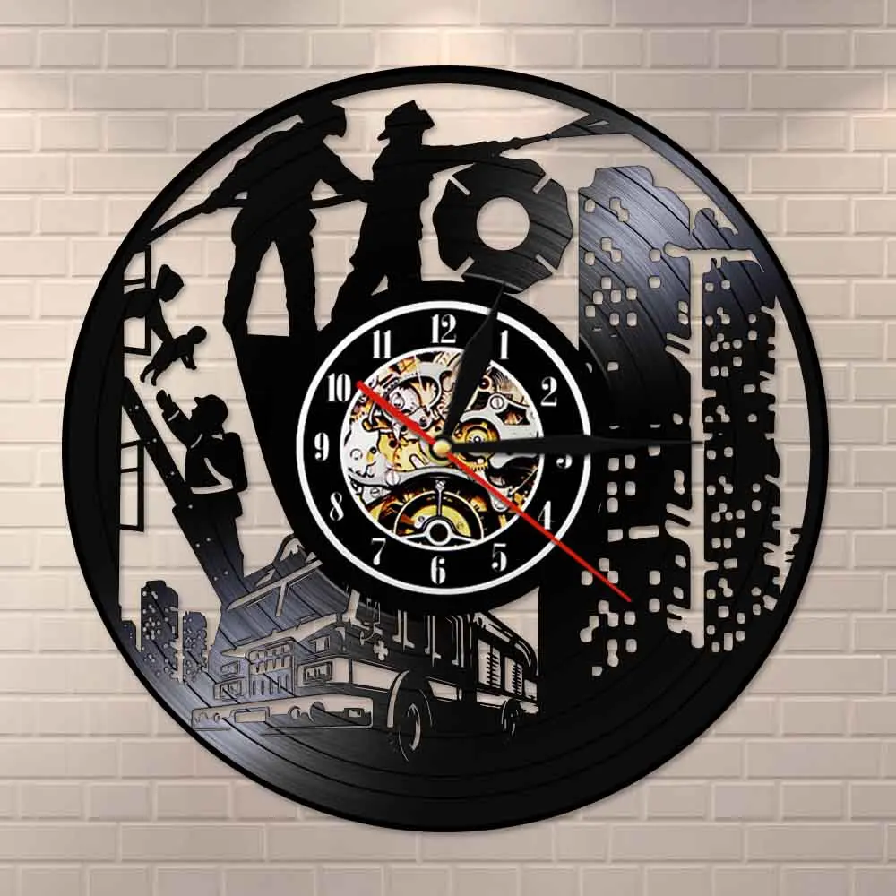 Пожарная станция пожарный отдел Виниловая пластинка часы искусство Первый Ответчик аварийный Пожарный номер Декор