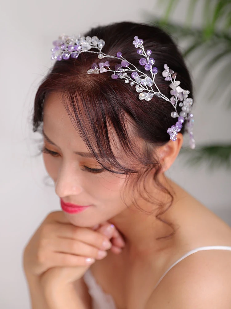 Bohe Bridal Hair Accessories Purple Headpieces Crystal Headband Handmade Women Hair band Wedding Hairstyle Jewelry