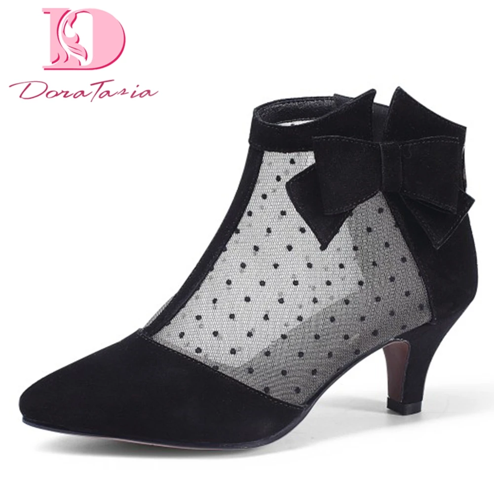 

Doratasia 2020 big size 42 cow suede sweet bow mesh ankle Boots Woman Shoes Women elegant thin heels lady Booties female shoes