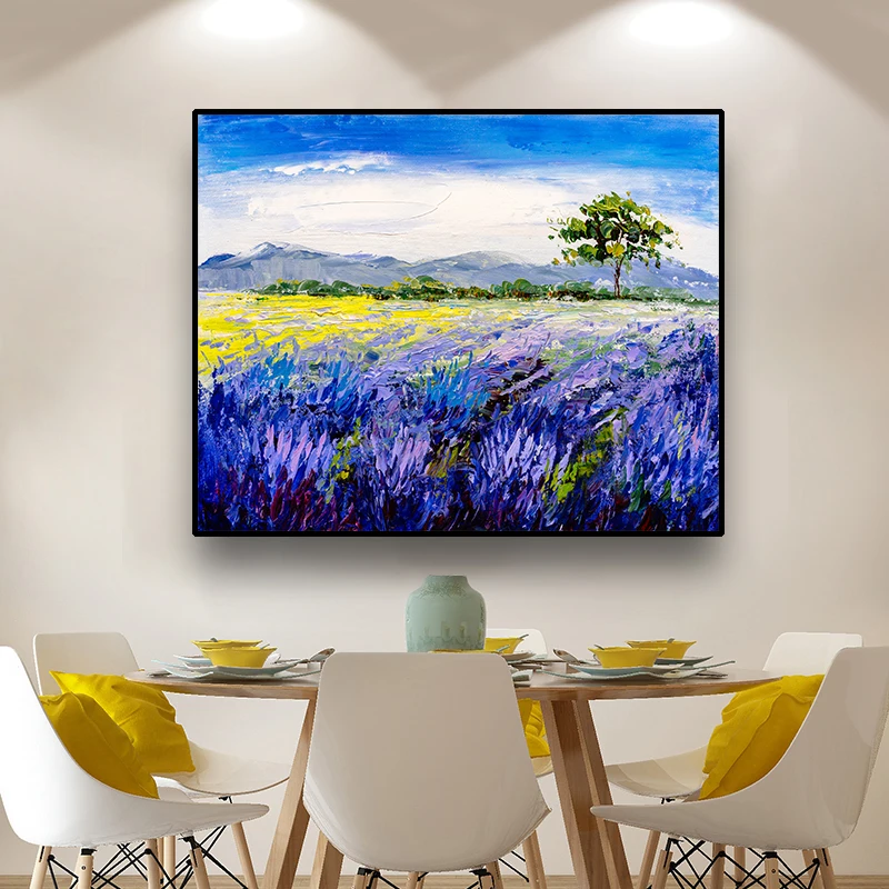 Laeacco Lavender Fild Nauture Landscape Canvas Painting Calligraphy Wall Pictures  Prints For Home Living Room Wall Decorative