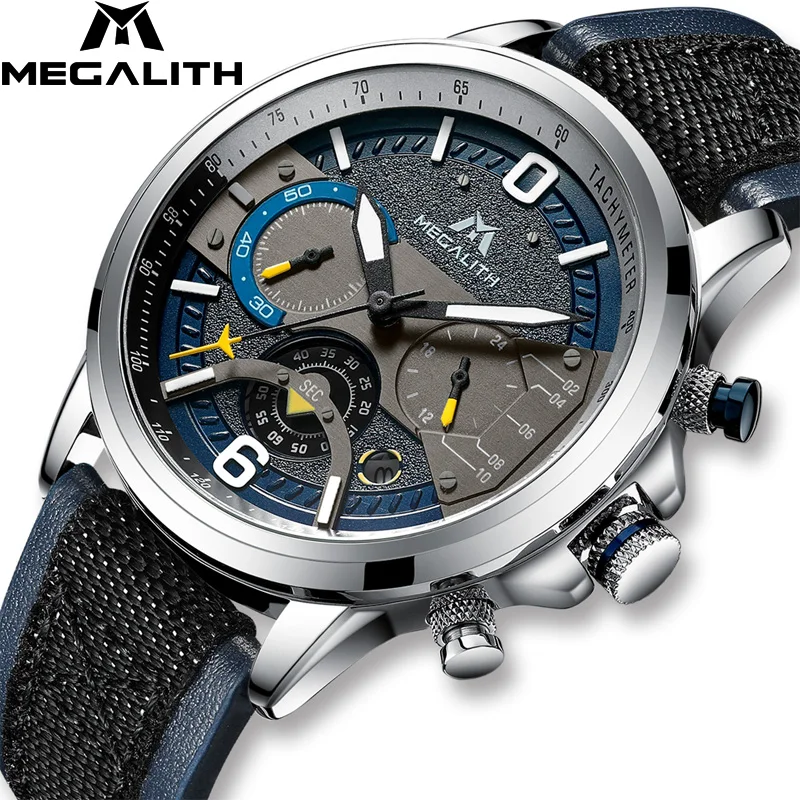 

MEGALITH Relojes Para Hombre Men Watch 2019 Quartz Watch Brown Leather Strap Wristwatch Chronograph Military Watch Clock 8083