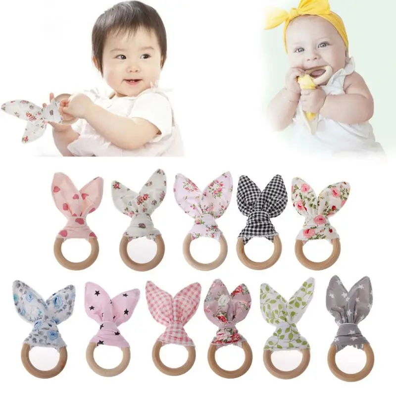 Handmade Wooden Natural Baby Teething Ring Chewie Teether Bunny Sensory Toy Gift