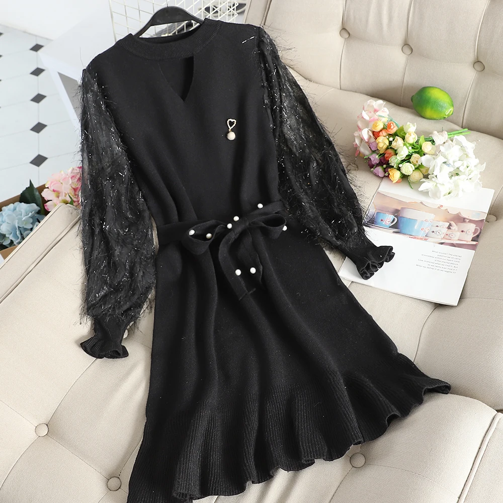 Women Dress Женский плиссированый свитер с круглым вырезом и расклешенными рукавами с кисточками и поясом, винтажное платье с жемчужинами и бусинами, облегающее трикотажное платье миди с оборками - Цвет: Women Dress