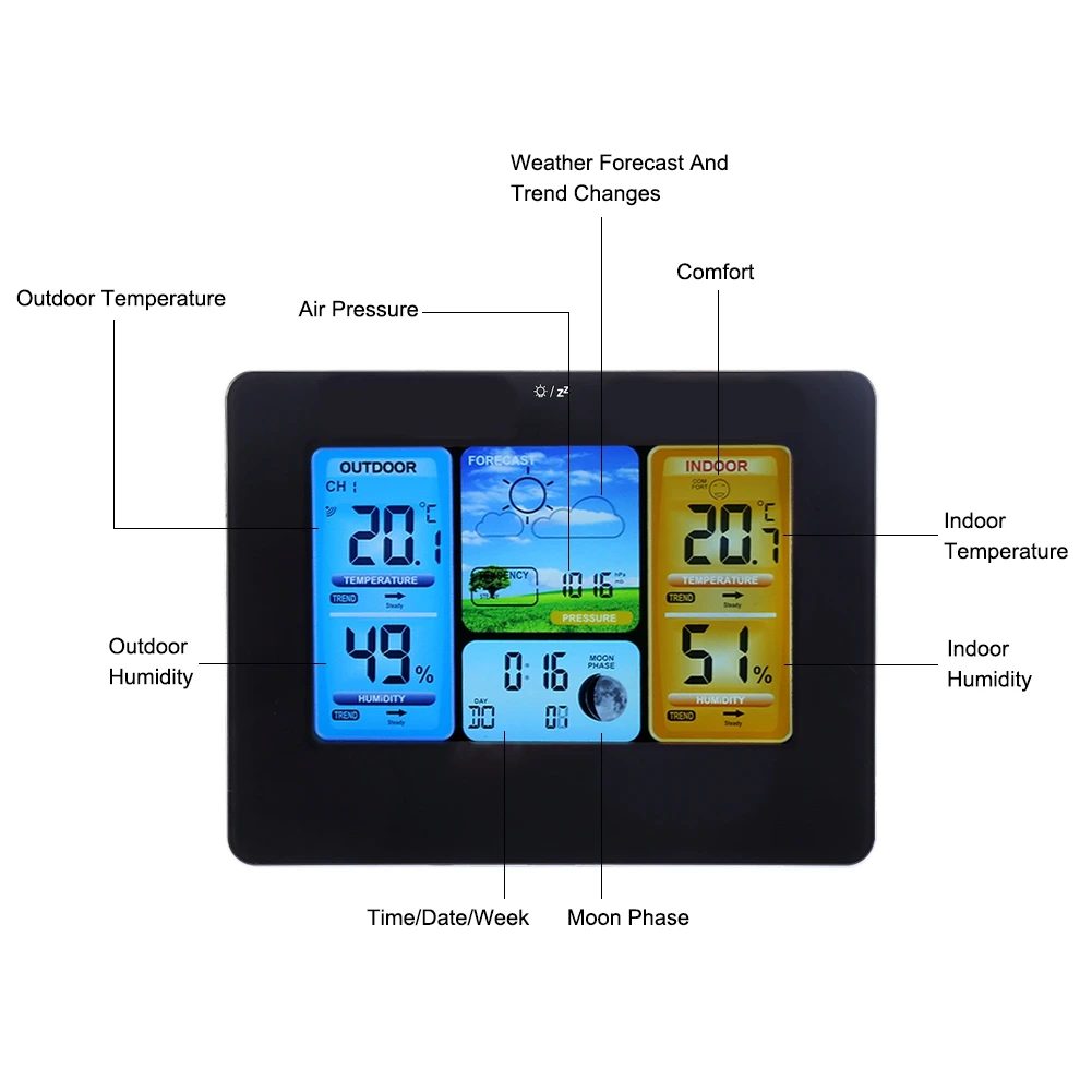 Sensor Colorful LCD Digital Wireless Weather Station Clock Thermometer Indoor&Outdoor Temperature Humidity