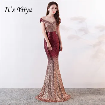 

Evening Gown It's Yiiya DX351 Boat Neck Sequined Plus Size Special Occasion Dresses Short Sleeve Off The Shoulder Robe De Soiree