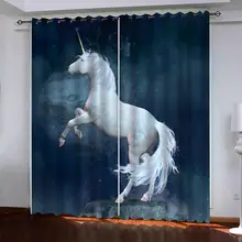 Niebieskie zasłony zasłony konia 3D zasłony zaciemniające do salonu zasłony do sypialni Cotinas tanie tanio NoEnName_Null blackout Kurtyny Lewy i prawy biparting otwarta Okno Zewnętrzne instalacji 000011 Drukowane Mieszkanie okno