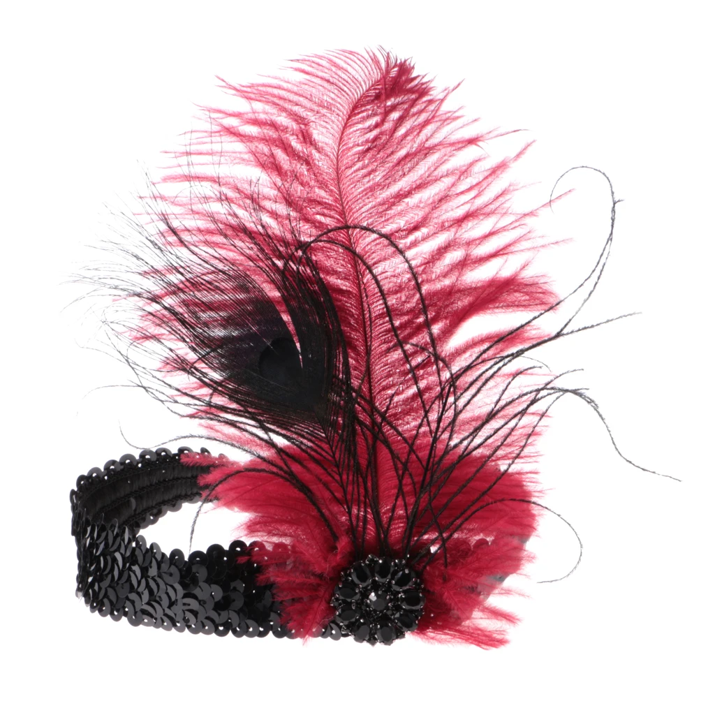 Wine Feather Flapper Headband 1920s Stretchy Headdress Charleston Headpiece