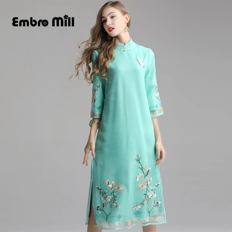 

Autumn The New Floral dress Retro Chinese style Organza embroidery Improvement cheongsam Loose women's dress S-2XL