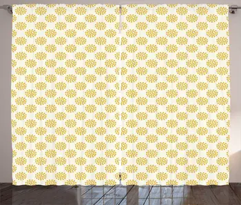

Earth Yellow Ivory Abstract Curtains Dots Art Circular Motifs Ponpon Ornaments Calm Earthy Tones Bedroom Window Drapes