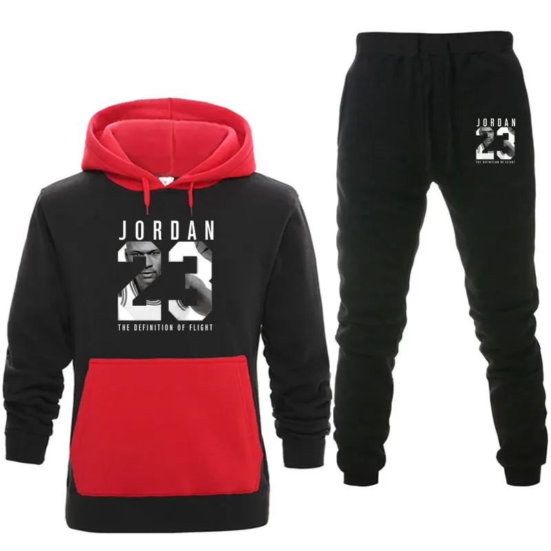 Новинка, фирменный спортивный костюм, Классический Jordan23, мужская спортивная одежда, наборы для бега, все хлопок, флис, Толстая Толстовка+ штаны, спортивный костюм для мужчин - Цвет: Темно-серый