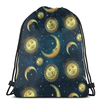 

New beam mouth backpack Drawstring Drawstring Gold Celestial Bodies Moon Sun And Stars Over Blue Night Sky bag Unisex bag