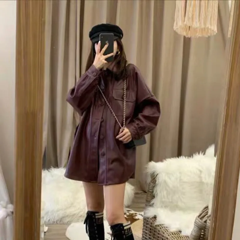 SHENGPALAE New Fashion Autumn Solid Loose With Belt Slim Jacket Women Single Breasted Pocket Korean Version PU Coat FT929