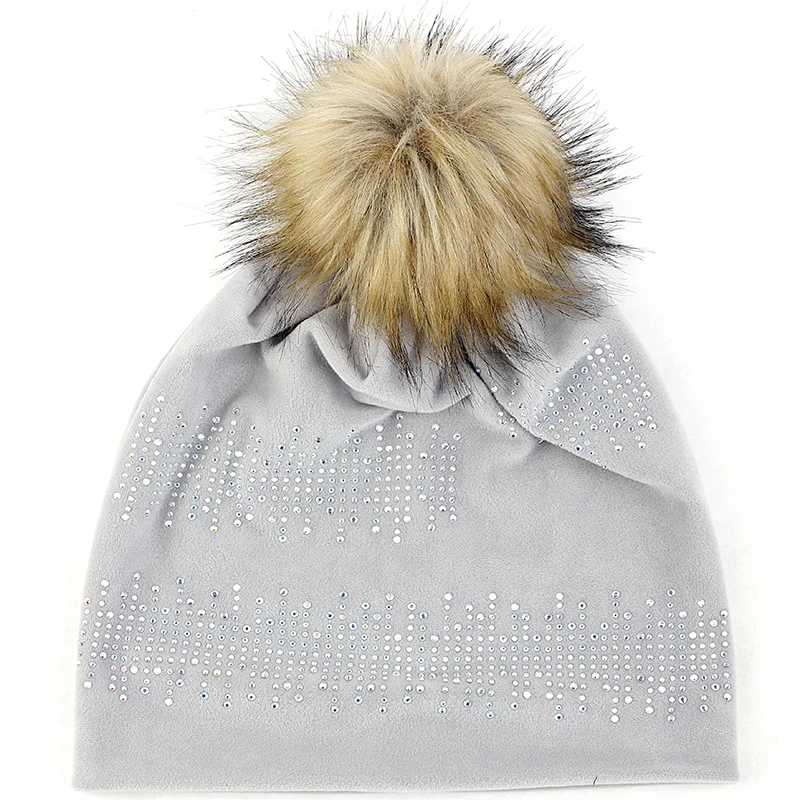 Geebro, модная женская шапка, стразы, Skullies Beanies, зимняя, теплая, женская, толстая, для девушек, мягкая, шапка с 15 см искусственным мехом, помпон, Hairball - Цвет: light gray 16