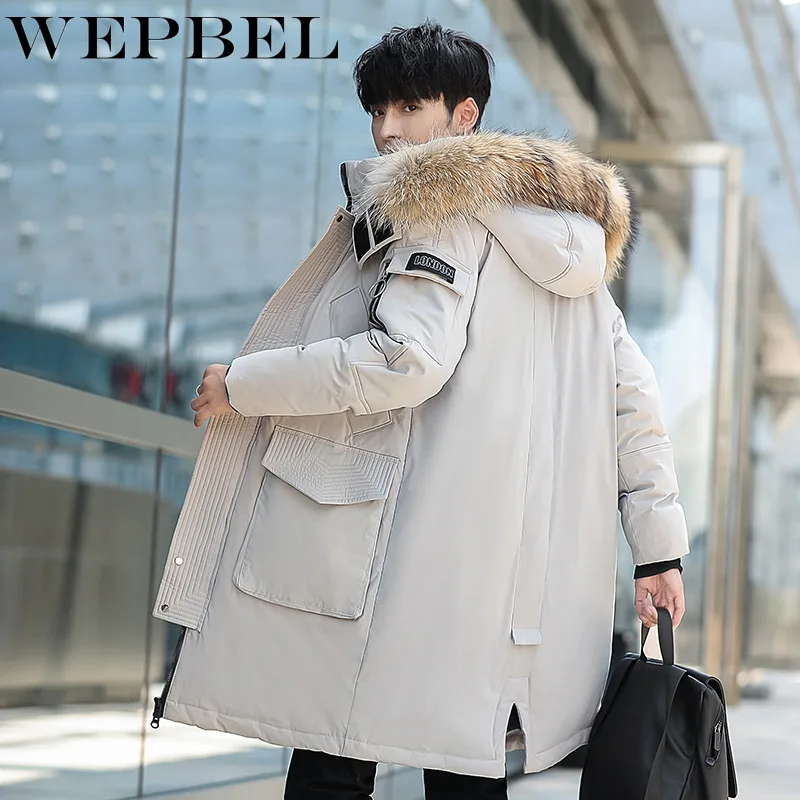 WEPBEL, длинный Зимний пуховик, мужской, толстый, теплый, белый, утиный пух, с капюшоном, мужской пуховик, водонепроницаемый, мужской пуховик