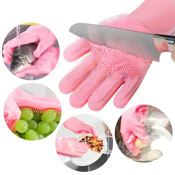 

Silicone Gloves Magic Silicone Dishwashing Gloves with Scrubber Reusable Rubber Gloves for Home Kitchen Bathroom Car Washing