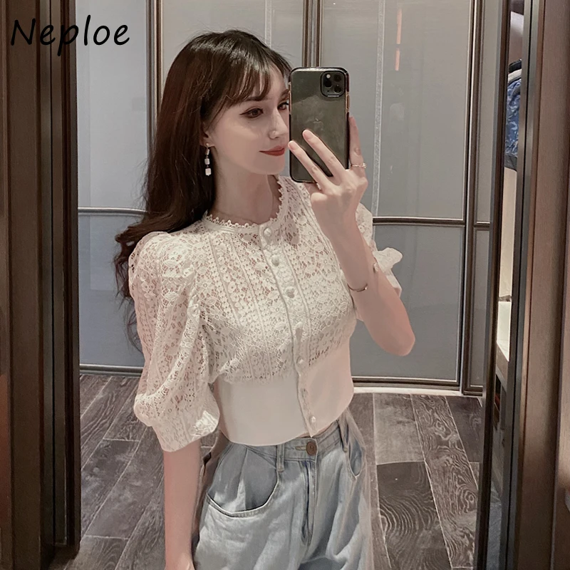 Neploe Hongkong Style Lace Hollow Out Blouses Summer 2021 New Fashion Slim Fit Puff Sleeve Single Breasted Women Shirts 82186