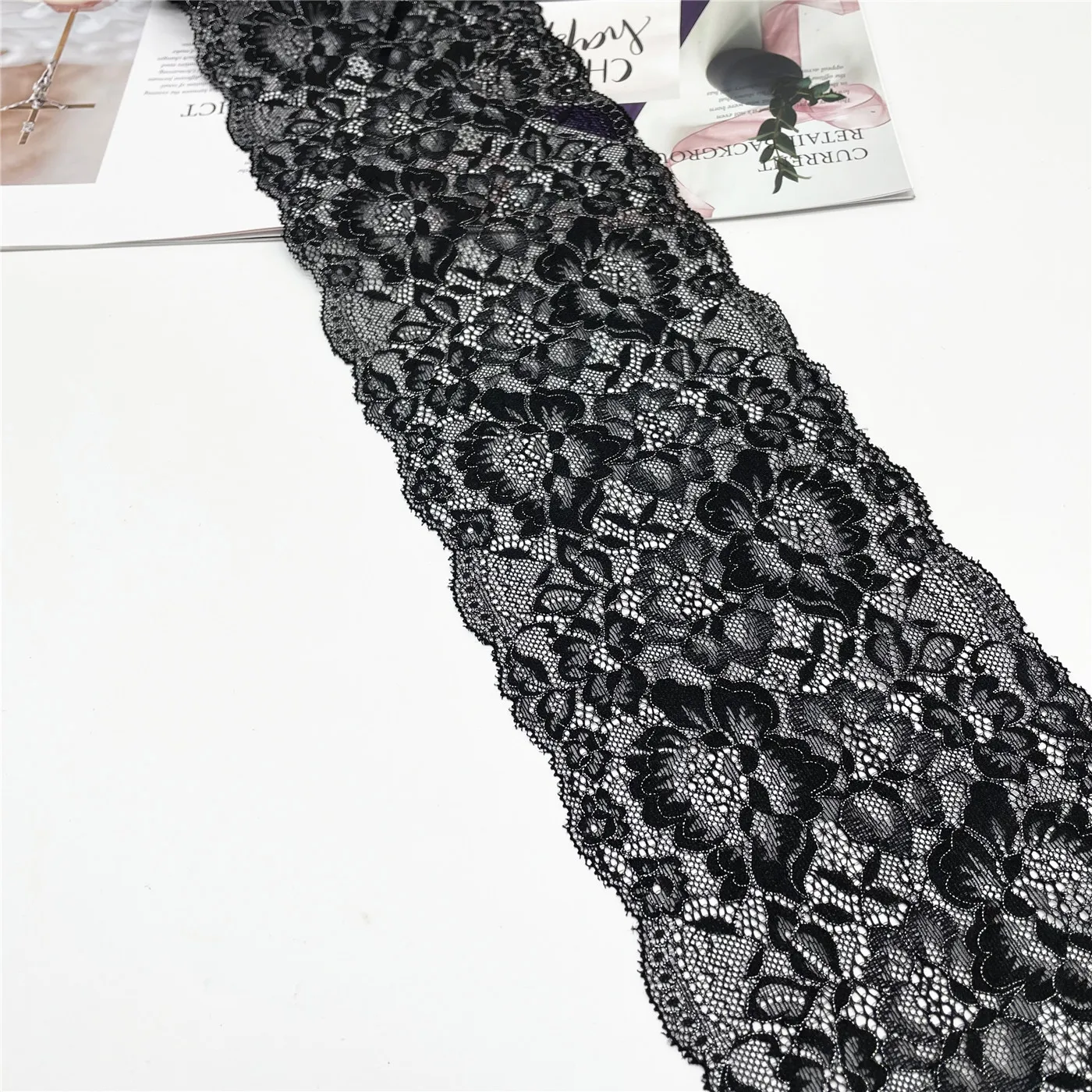 3y/Lot Width 15cm Black Silver Elastic Stretch Lace Trim 1