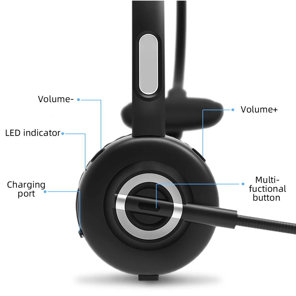 Monaural Bluetooth Wireless Noise Cancelling Headphones Call Center VOIP Headset for Office Telephone Operator with Microphone