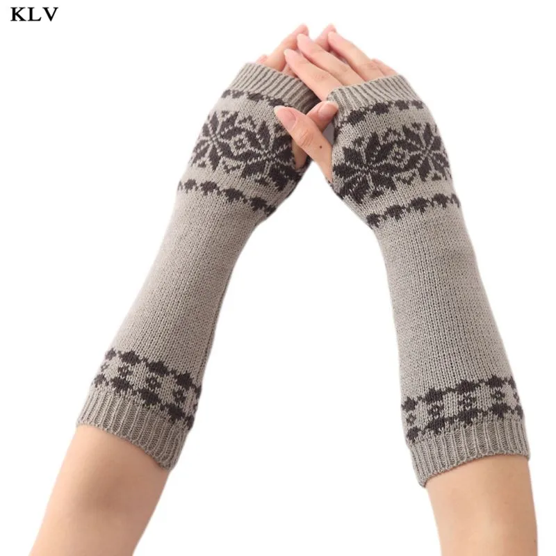 Light Gray Женские мужские унисекс жаккардовые перчатки без пальцев с рисунком снежинки зимние вязаные гетры рукавицы с отверстием для большого пальца подарок 95AB - Цвет: Light Gray