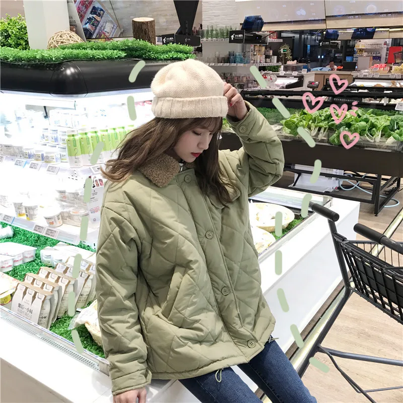 

Photo Shoot 2019 Winter New Style Korean-style Loose-Fit down Coat Lamb Fur Collar Thick Warm Cotton-padded Clothes Cotton Coat