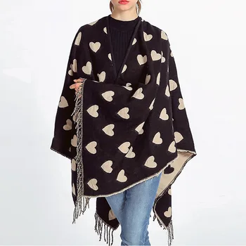 

Fashion Heart Pattern Scarf For Women Elegant Tassel Office Ladies Shawl Autumn Winter Scarves Woman Scarves For Neck Black