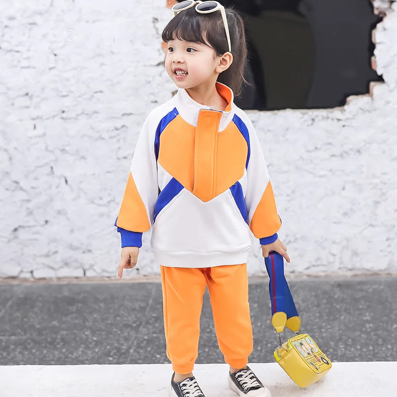 

Baby Clothes Autumn Baby Boys Girls Long Sleeve Patchwork Zipper Sport Coat Tops+Solid Color Trouser 2pcs Sport Costume Set