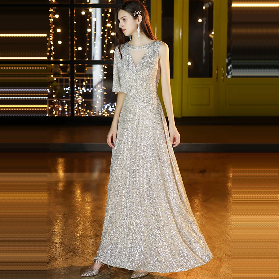 Вечернее платье с О-образным вырезом и рукавом средней длины Robe De Soiree длина до пола Eleagnt вечерние платья K006 трапециевидные шикарные вечерние платья с пайетками