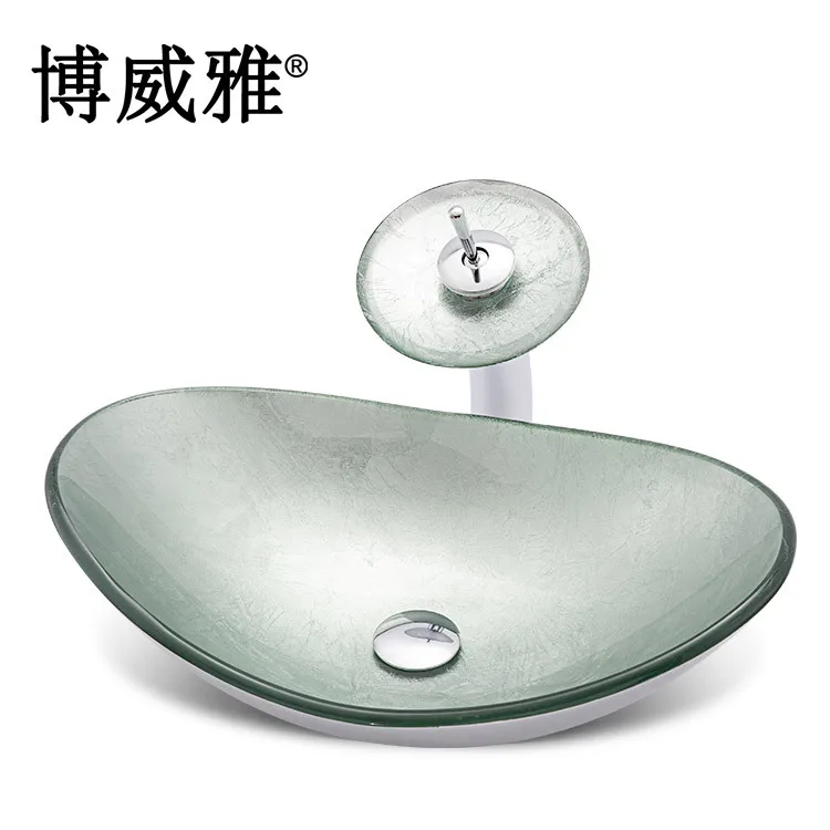 

Bo weiya New Style Tempered Glass Bathroom Vanity Silver Ingot Shape Creative Art Basin Table Basin