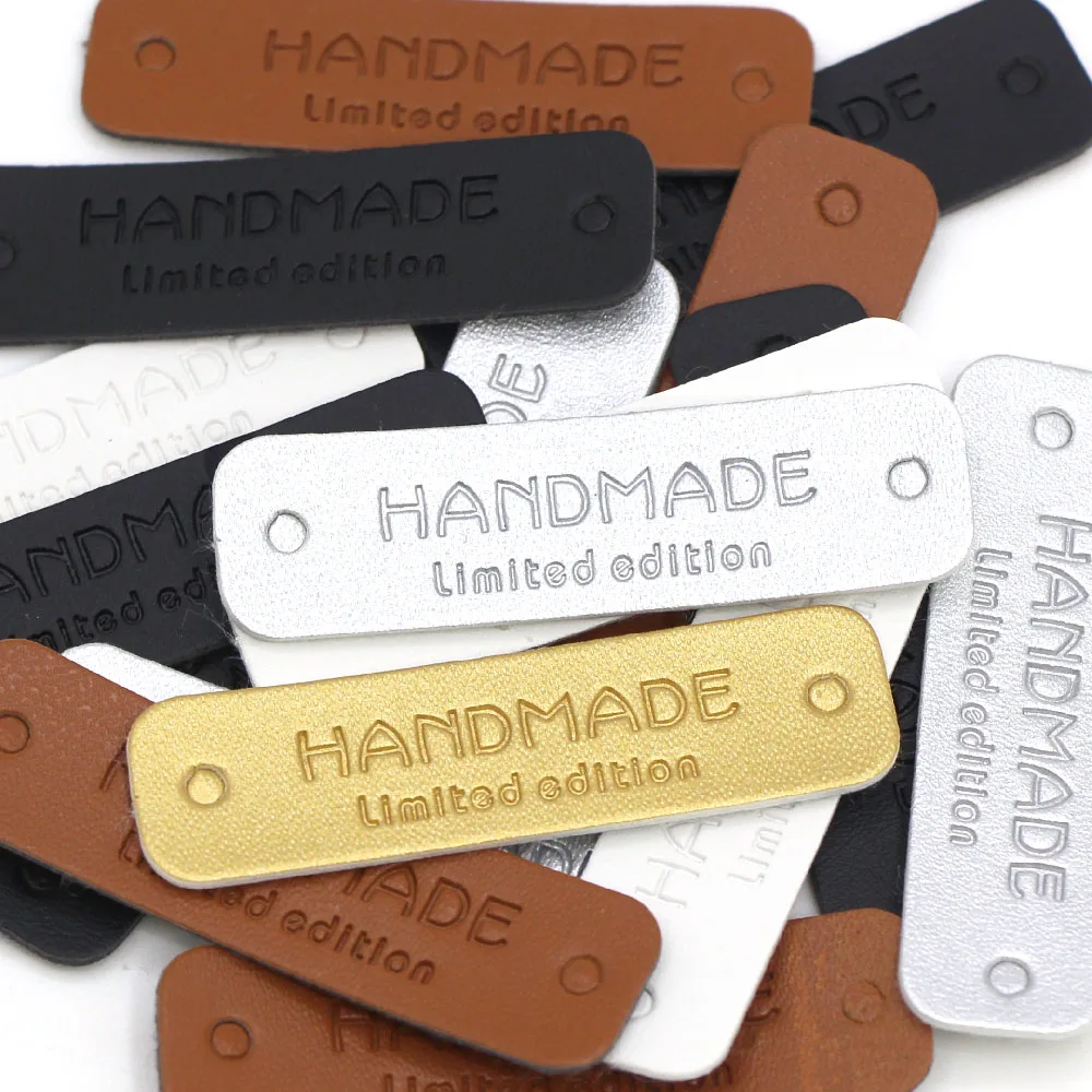 50Pcs 56x16mm Labels Handmade Tags Gold/Sliver/Black/Brown/White Leather Label For Clothing Hand Made Limited Edition Sew Tags