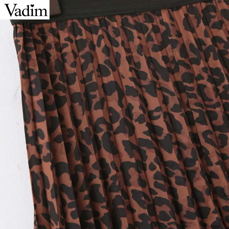 Vadim women leopard print pleated skirt elastic waist animal pattern basic female stylish wild ankle length skirts BA839