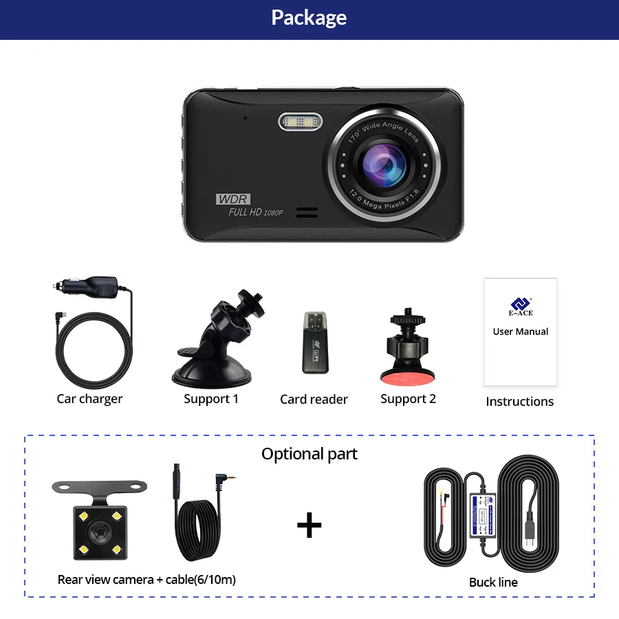 E-ACE видеорегистратор для автомобиля, видеорегистратор 4,0 дюймов, FHD 1080 P, автоматическая регистрационная камера, двойной объектив с камерой заднего вида, видеорегистратор