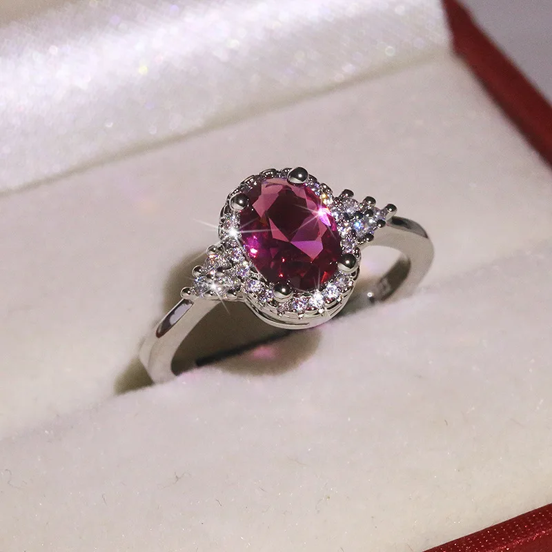 Women Crystal Stone Ring Vintage 925 Silver Color Zircon