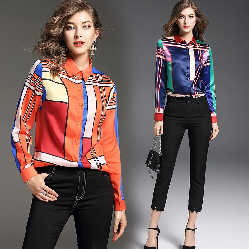 

6305 Photo Shoot 2018 Autumn Clothing New Style Europe And America Elegant Commuting Long-sleeved Shirt Fashion Plaid Printed Sh