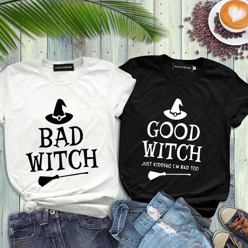 Лучшие футболки «Друзья» BAD WITCH GOOD WITCH, топ с буквенным принтом, футболка Femme, повседневные женские лучшие друзья, топы на Хэллоуин, футболки