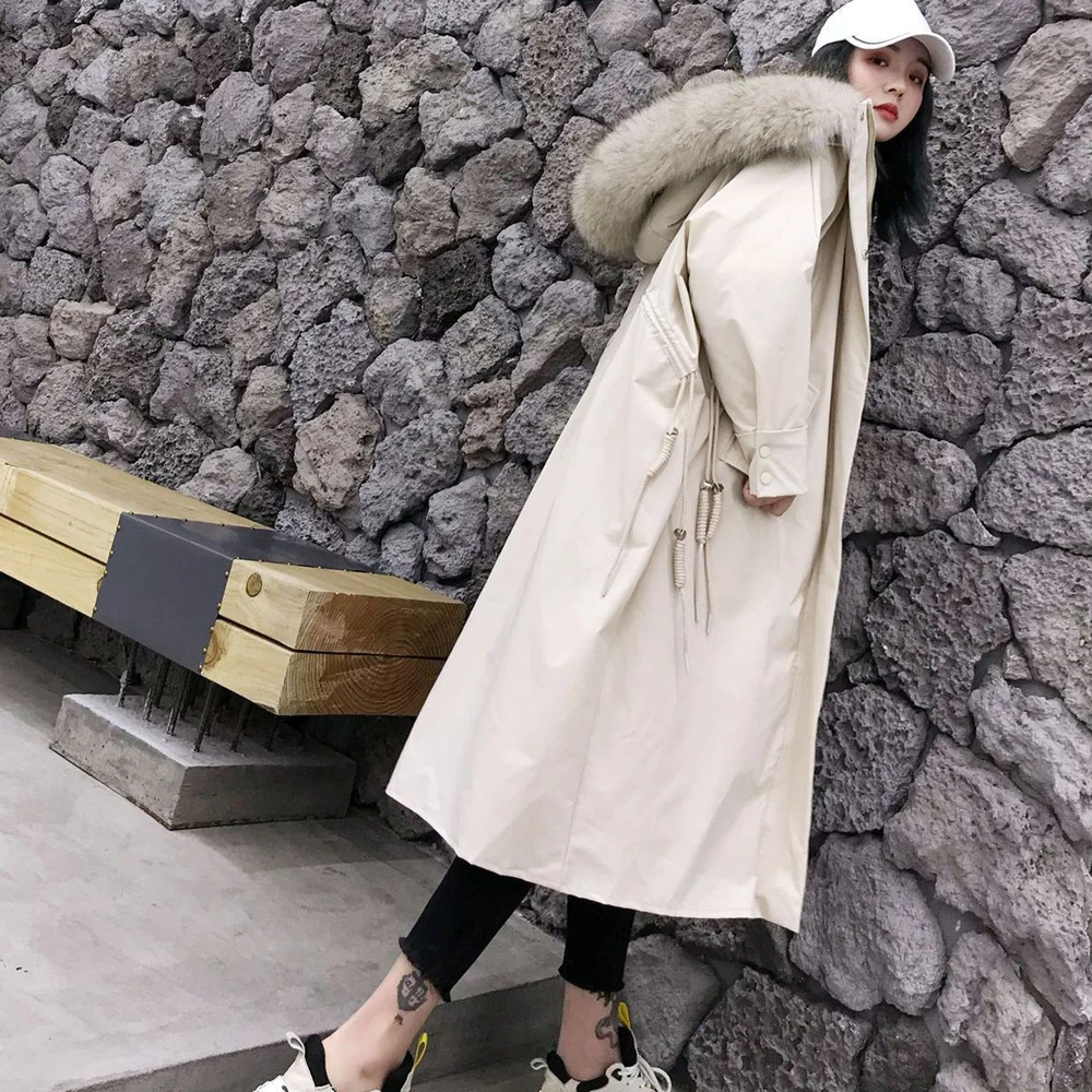 Beige Женское плотное зимнее пальто из меха енота с капюшоном, Женская длинная куртка, пальто большого размера, белое пуховое теплое пальто, Casaco Feminino Parkas - Color: Beige