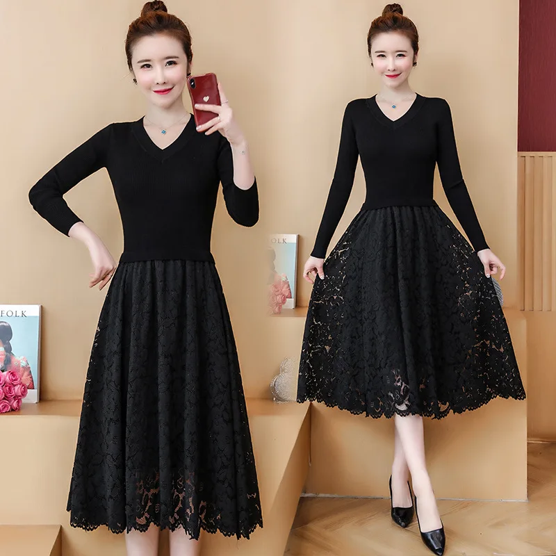 

Photo Shoot Lace Dress Women's 2019 Autumn And Winter New Style Knitted Mid-length Long Sleeve Black V-neck Base Dress Sweater