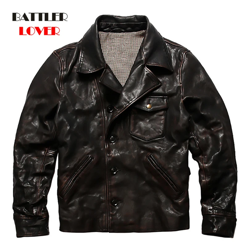 

Winter Jacket Pea Coat Asian Size Mens Genuine Cow Leather Cowhide Leather Male Classic Horsehide Slim Solid Clothes