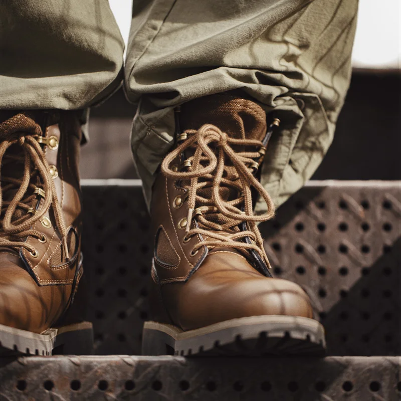 Maden Men's Genuine Leather Desert Boots Mid Retro High Street Martin Boots British Combat Boots Work & Safe Motorcycle Boot