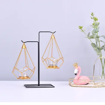 

Nordic Style Wrought Iron Geometric Candle Holders Multi-function Home Decoration Metal Crafts Ornaments Golden Glass Candleligh