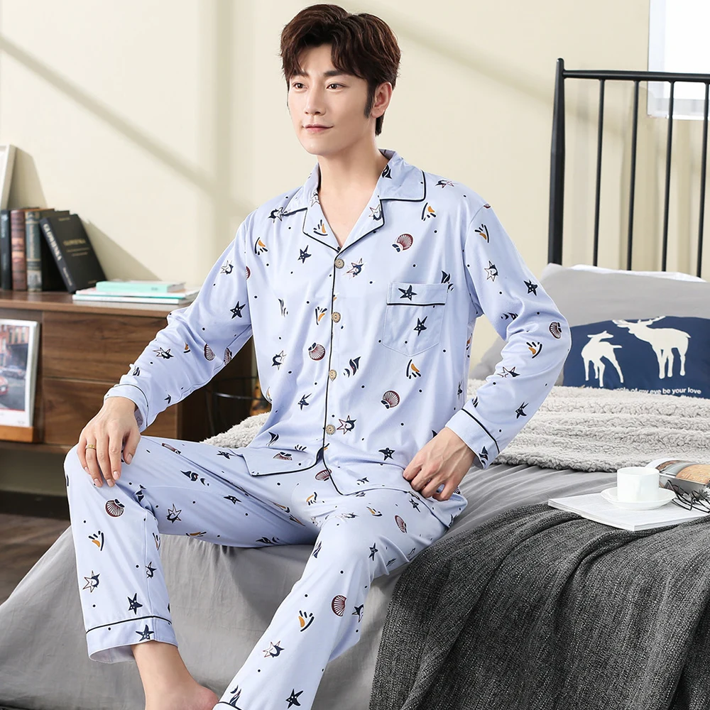 Spring Autumn Pajama Sets Suit Knitted Cotton Casual Long Sleeve Sleepwear Plaid Home Wear Plus Size Comfortable Pajamas For Men organic pyjamas