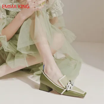 

2019 Autumn New Green Chain Design Women Square Toe Chunky Heeled Pumps Sweet Slip-On Style Medium Heels Ladies Party Shoes