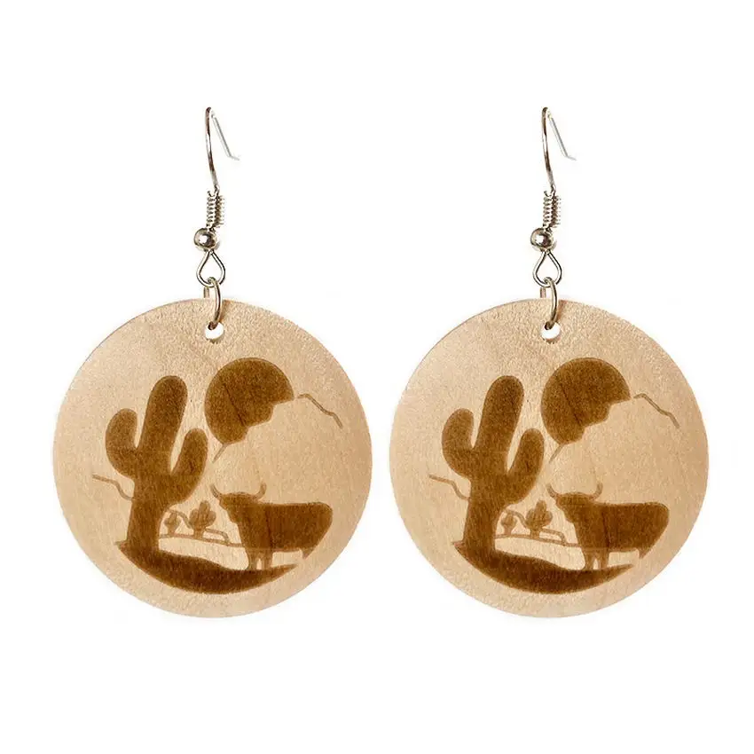 Pendientes redondos madera estampado de escena artística de Casa de Cactus occidental para mujeres, aretes connotivos, 2021, envío gratis AliExpress