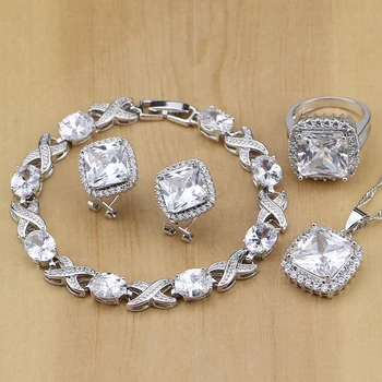 

925 Sterling Silver Jewelry White Cubic Zirconia Jewelry Sets For Women Earrings Pendant Necklace Rings Bracelet Free Gifts Box