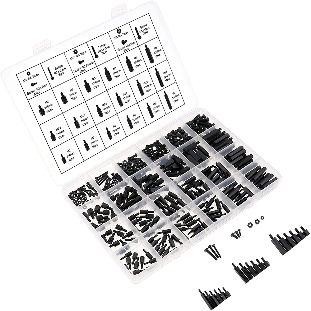 360PCS M2 M2.5 M3 External Thread Internal Thread Nylon Hexagon Gasket Lock Nut Combination Set (Black) with Tools