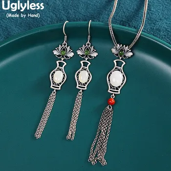 

Uglyless Eastern Beauty Elegant Lotus Pendants Earrings for Women 925 Silver Long Tassels Jewelry Sets Jade Agate Vase Bijoux