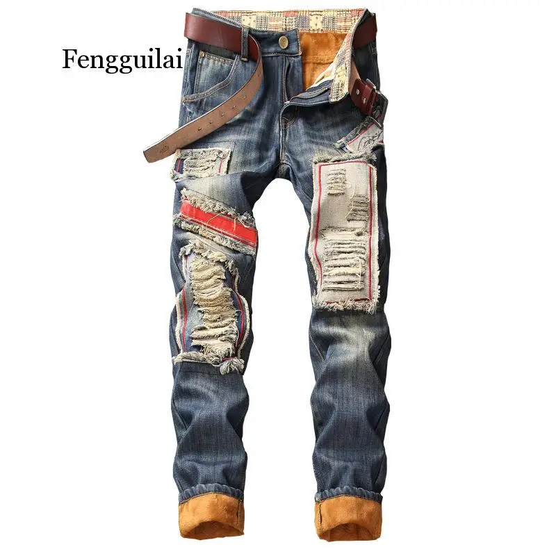 Denim Designer Hole Jeans High Quality Ripped For Men Size 28-38 Autumn Winter Plus Velvet HIP HOP Punk Streetwear Denim Designer Hole Jeans High Quality Ripped For Men Size 28-38 Autumn Winter Plus Velvet HIP HOP Punk Streetwear